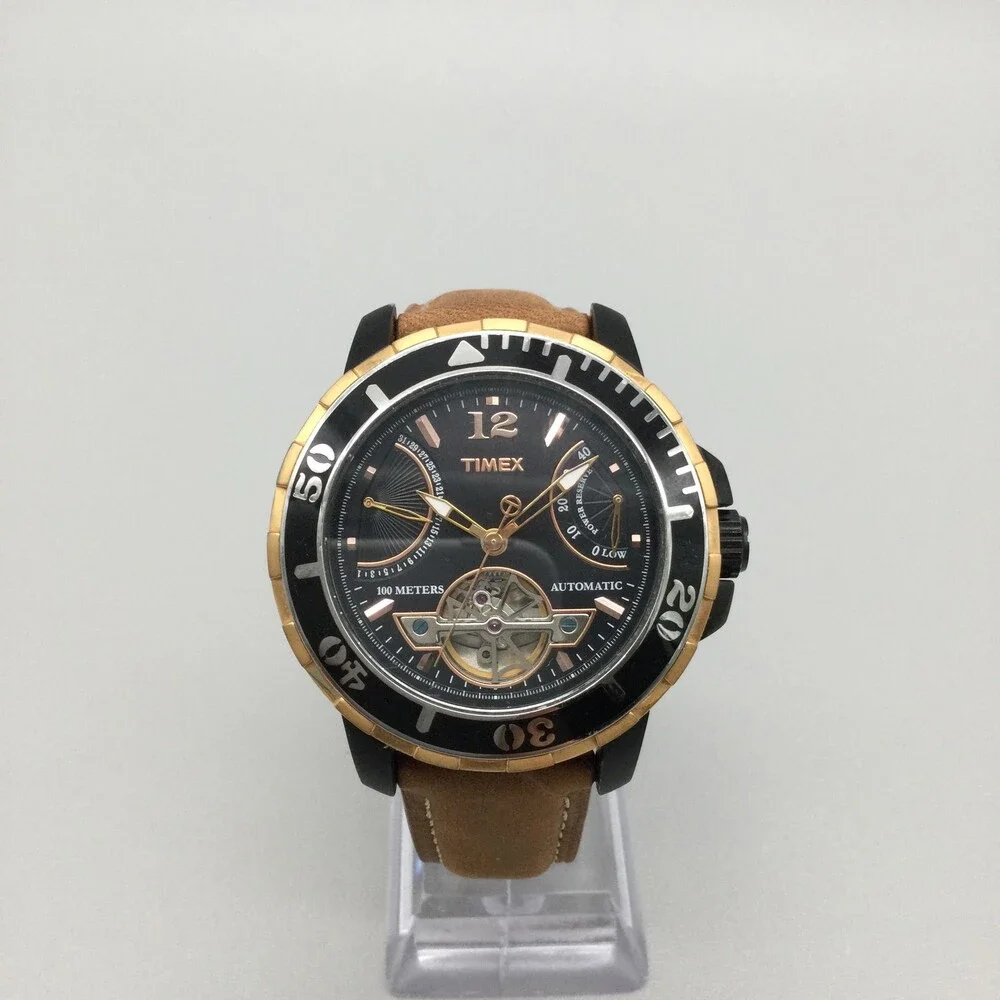 Timex Mens Watch 45mm Power Reserve Fly Leather Automatic 100m Diver Skeleton